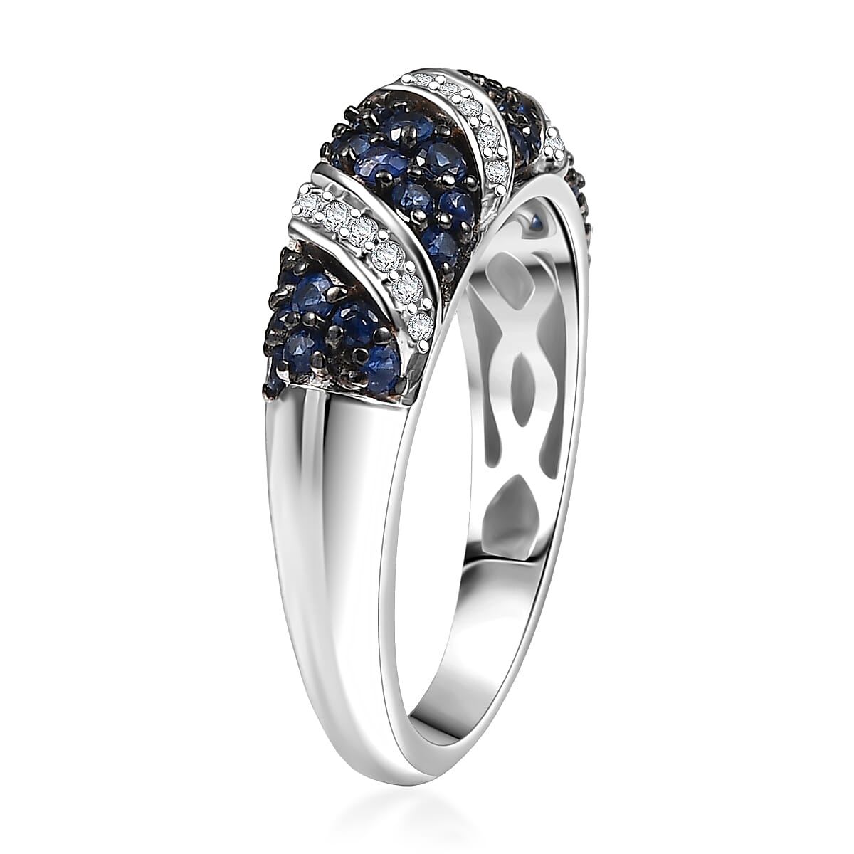 Ceylon Blue Sapphire and Moissanite 1.00 ctw Wave Ring in Rhodium Over Sterling Silver (Size 6.0) image number 3