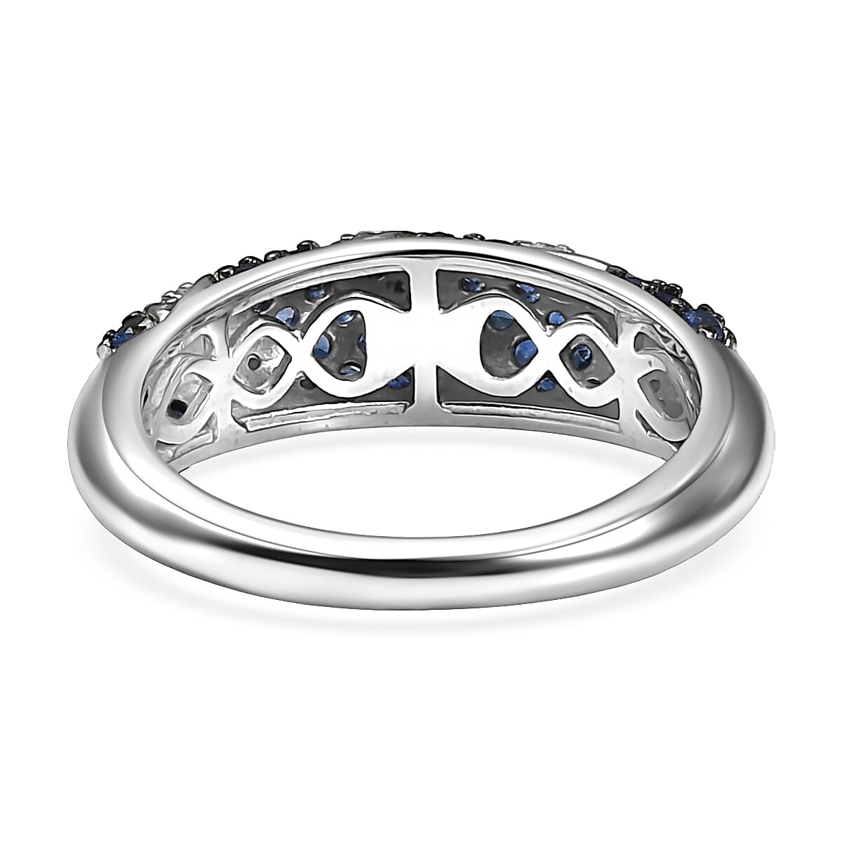 Ceylon Blue Sapphire and Moissanite 1.00 ctw Wave Ring in Rhodium Over Sterling Silver (Size 6.0) image number 4
