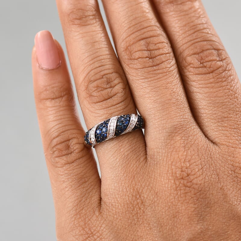 D'Joy Ceylon Blue Sapphire and Moissanite 1.00 ctw Wave Ring in Rhodium Over Sterling Silver (Size 7.0)