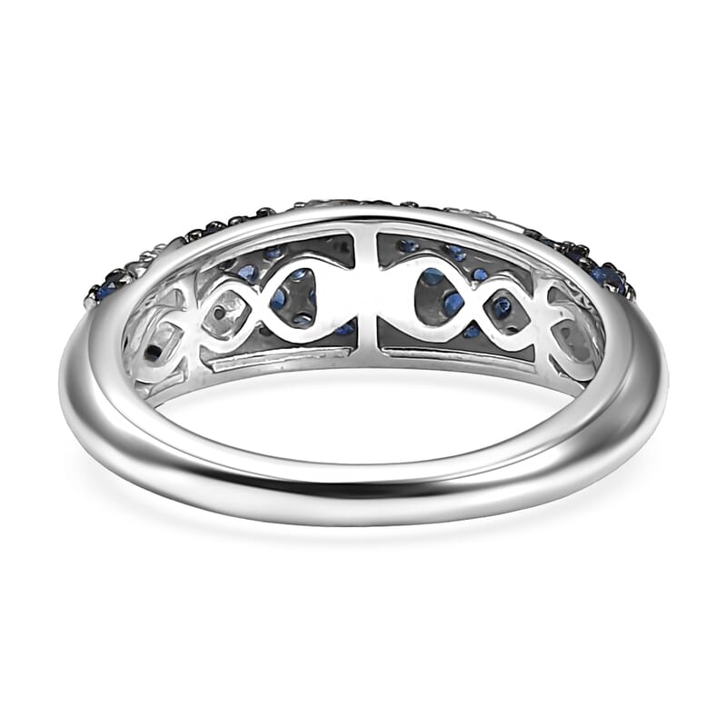 D'Joy Ceylon Blue Sapphire and Moissanite 1.00 ctw Wave Ring in Rhodium Over Sterling Silver (Size 7.0)