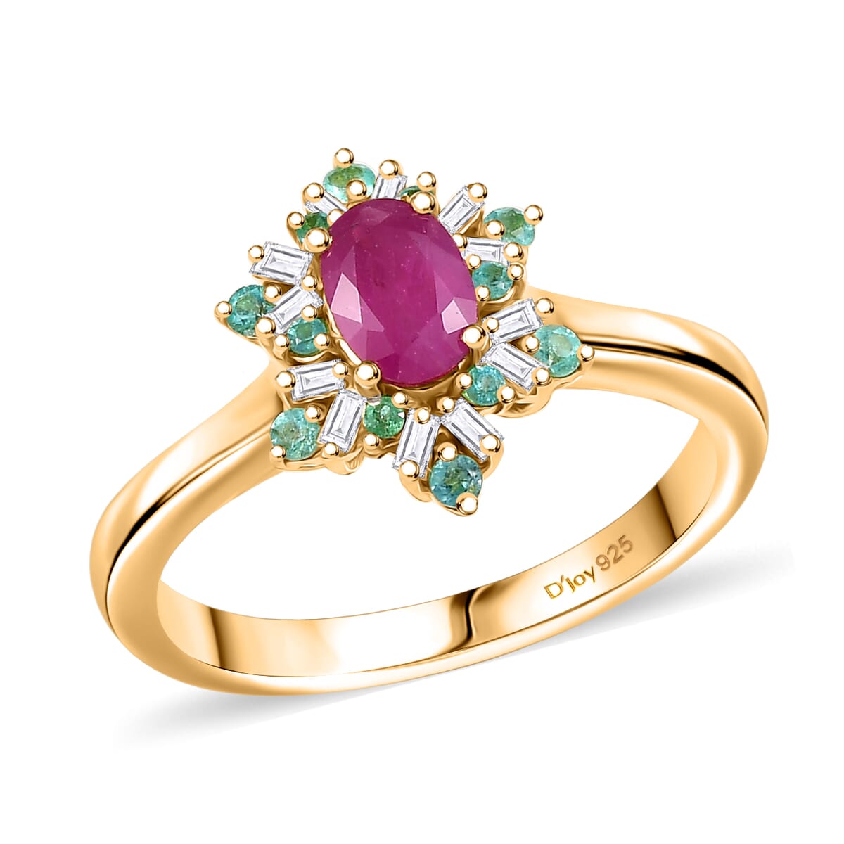 D'Joy Premium Royal Ruby, AAA Paraiba Tourmaline and I3 Diamond 0.80 ctw Radiant Sunburst Ring in 18K Vermeil Yellow Gold Over Sterling Silver (Size 10.0) image number 0