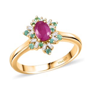 Premium Royal Ruby, AAA Paraiba Tourmaline and I3 Diamond 0.80 ctw Radiant Sunburst Ring in 18K Vermeil Yellow Gold Over Sterling Silver (Size 10.0)