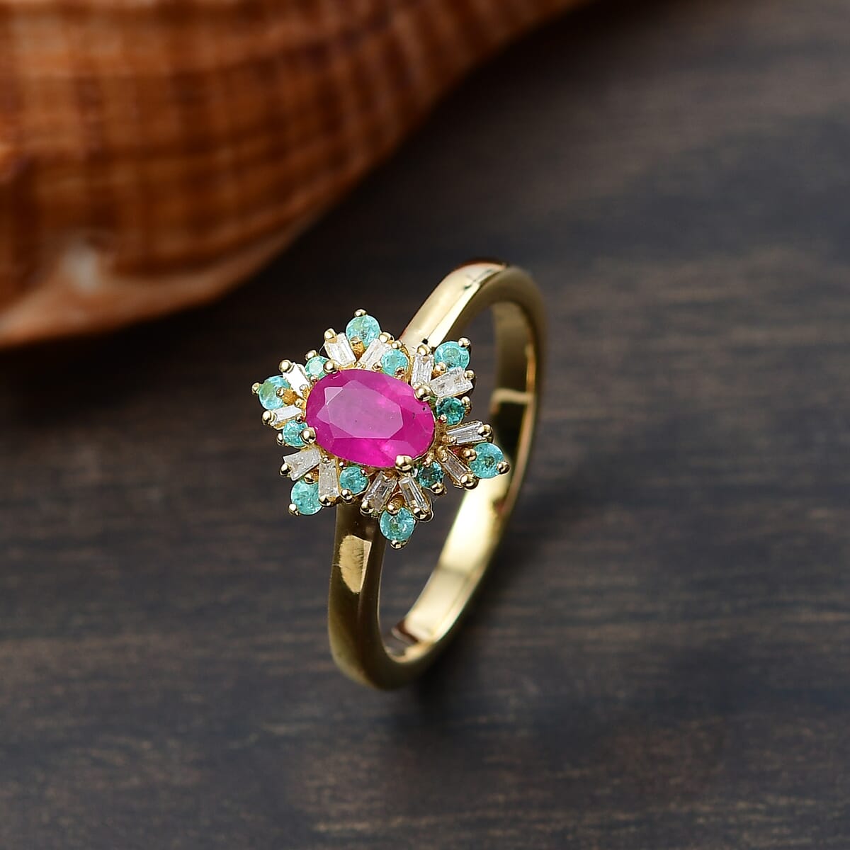 D'Joy Premium Royal Ruby, AAA Paraiba Tourmaline and I3 Diamond 0.80 ctw Radiant Sunburst Ring in 18K Vermeil Yellow Gold Over Sterling Silver (Size 10.0) image number 1
