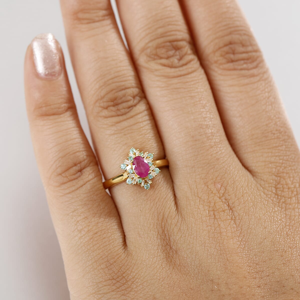 D'Joy Premium Royal Ruby, AAA Paraiba Tourmaline and I3 Diamond 0.80 ctw Radiant Sunburst Ring in 18K Vermeil Yellow Gold Over Sterling Silver (Size 10.0) image number 2