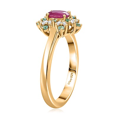 D'Joy Premium Royal Ruby, AAA Paraiba Tourmaline and I3 Diamond 0.80 ctw Radiant Sunburst Ring in 18K Vermeil Yellow Gold Over Sterling Silver (Size 10.0)