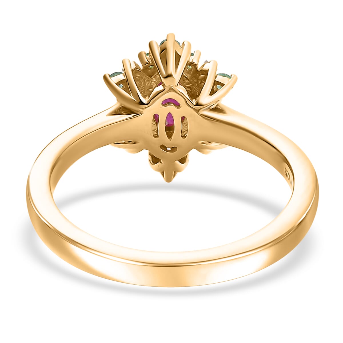 D'Joy Premium Royal Ruby, AAA Paraiba Tourmaline and I3 Diamond 0.80 ctw Radiant Sunburst Ring in 18K Vermeil Yellow Gold Over Sterling Silver (Size 10.0) image number 4