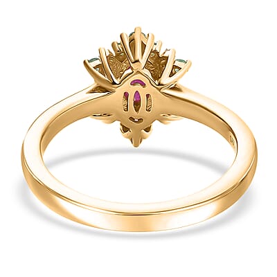 D'Joy Premium Royal Ruby, AAA Paraiba Tourmaline and I3 Diamond 0.80 ctw Radiant Sunburst Ring in 18K Vermeil Yellow Gold Over Sterling Silver (Size 10.0)