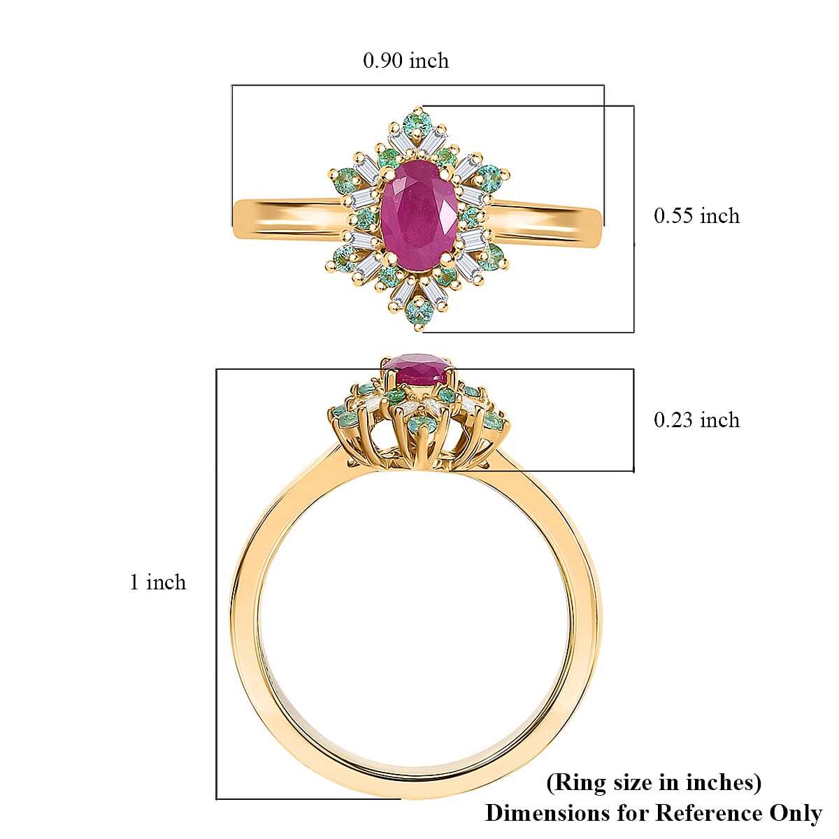 D'Joy Premium Royal Ruby, AAA Paraiba Tourmaline and I3 Diamond 0.80 ctw Radiant Sunburst Ring in 18K Vermeil Yellow Gold Over Sterling Silver (Size 6.0) image number 5