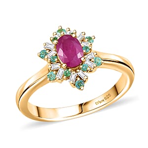 D'Joy Premium Royal Ruby, AAA Paraiba Tourmaline and I3 Diamond 0.80 ctw Radiant Sunburst Ring in 18K Vermeil Yellow Gold Over Sterling Silver (Size 9.0)