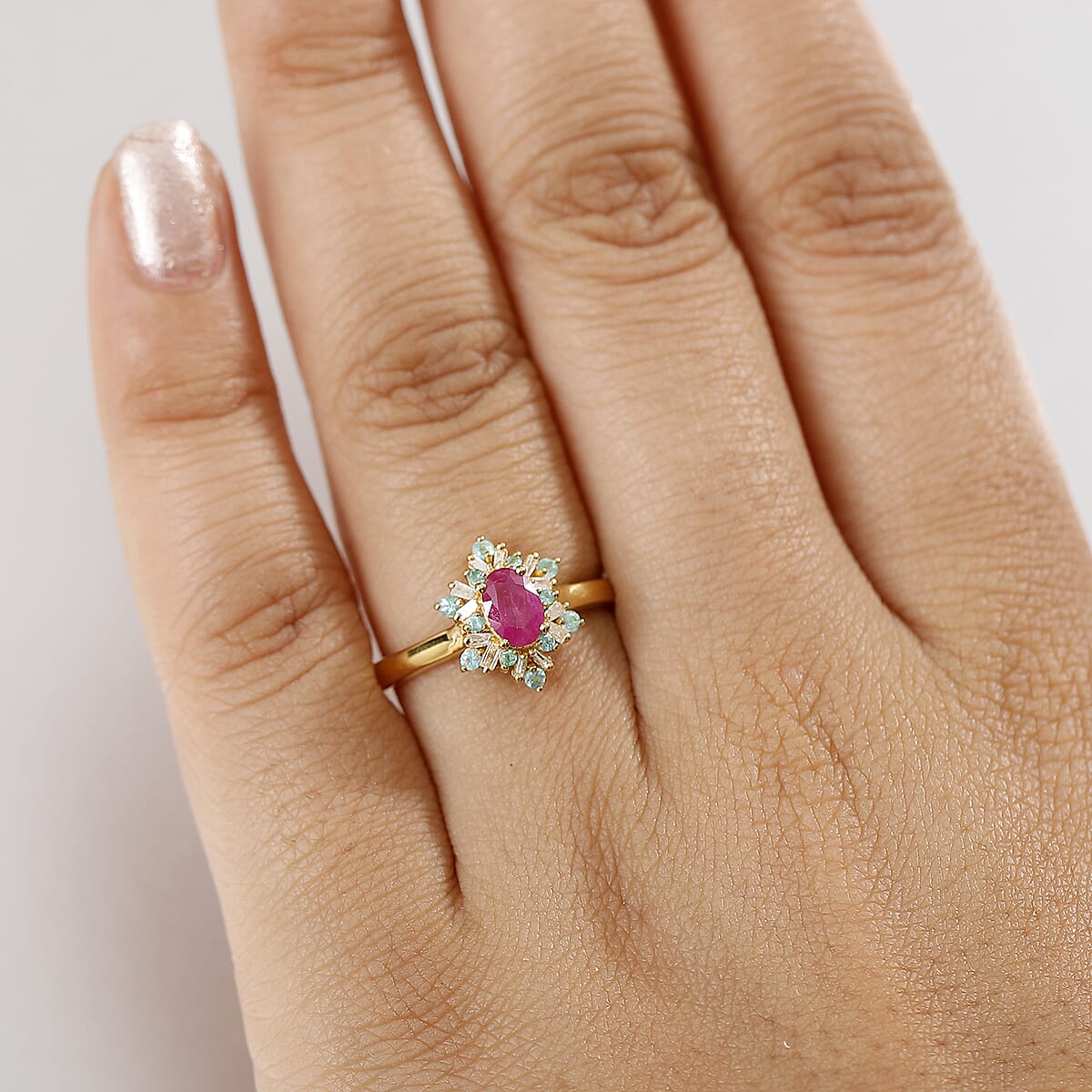 D'Joy Premium Royal Ruby, AAA Paraiba Tourmaline and I3 Diamond 0.80 ctw Radiant Sunburst Ring in 18K Vermeil Yellow Gold Over Sterling Silver (Size 9.0) image number 2
