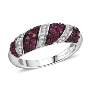 Montepuez Ruby and Moissanite 1.00 ctw Wave Ring in Rhodium Over Sterling Silver (Size 10.0)