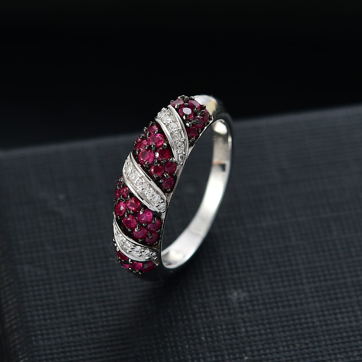 Montepuez Ruby and Moissanite 1.00 ctw Wave Ring in Rhodium Over Sterling Silver (Size 10.0) image number 1