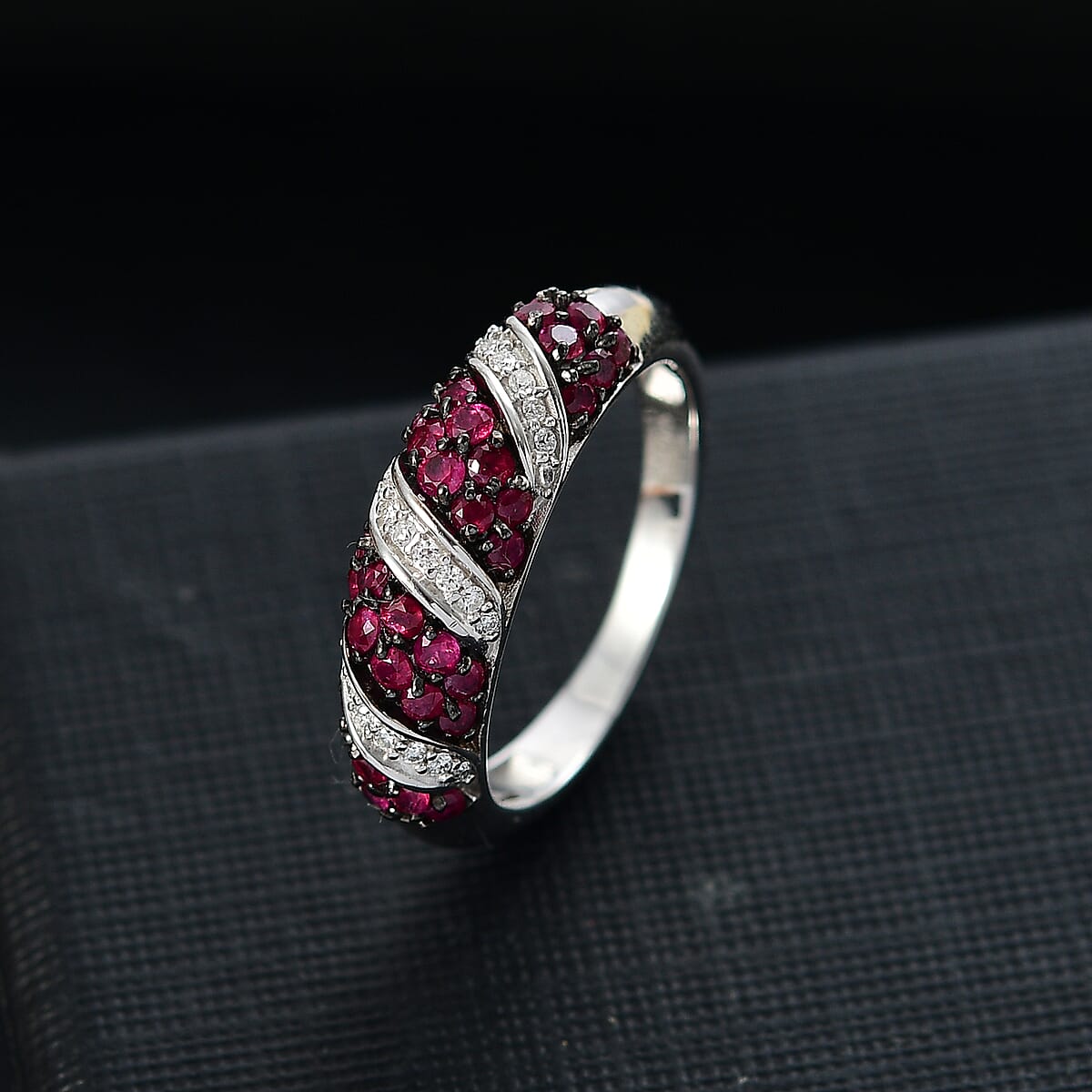 Royal Ruby and Moissanite 1.00 ctw Wave Ring in Rhodium Over Sterling Silver (Size 7.0) image number 1