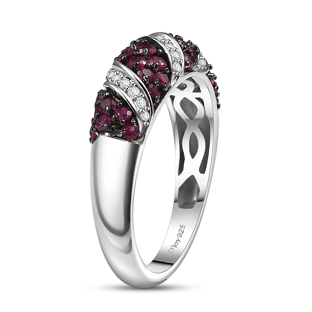 Royal Ruby and Moissanite 1.00 ctw Wave Ring in Rhodium Over Sterling Silver (Size 7.0) image number 3