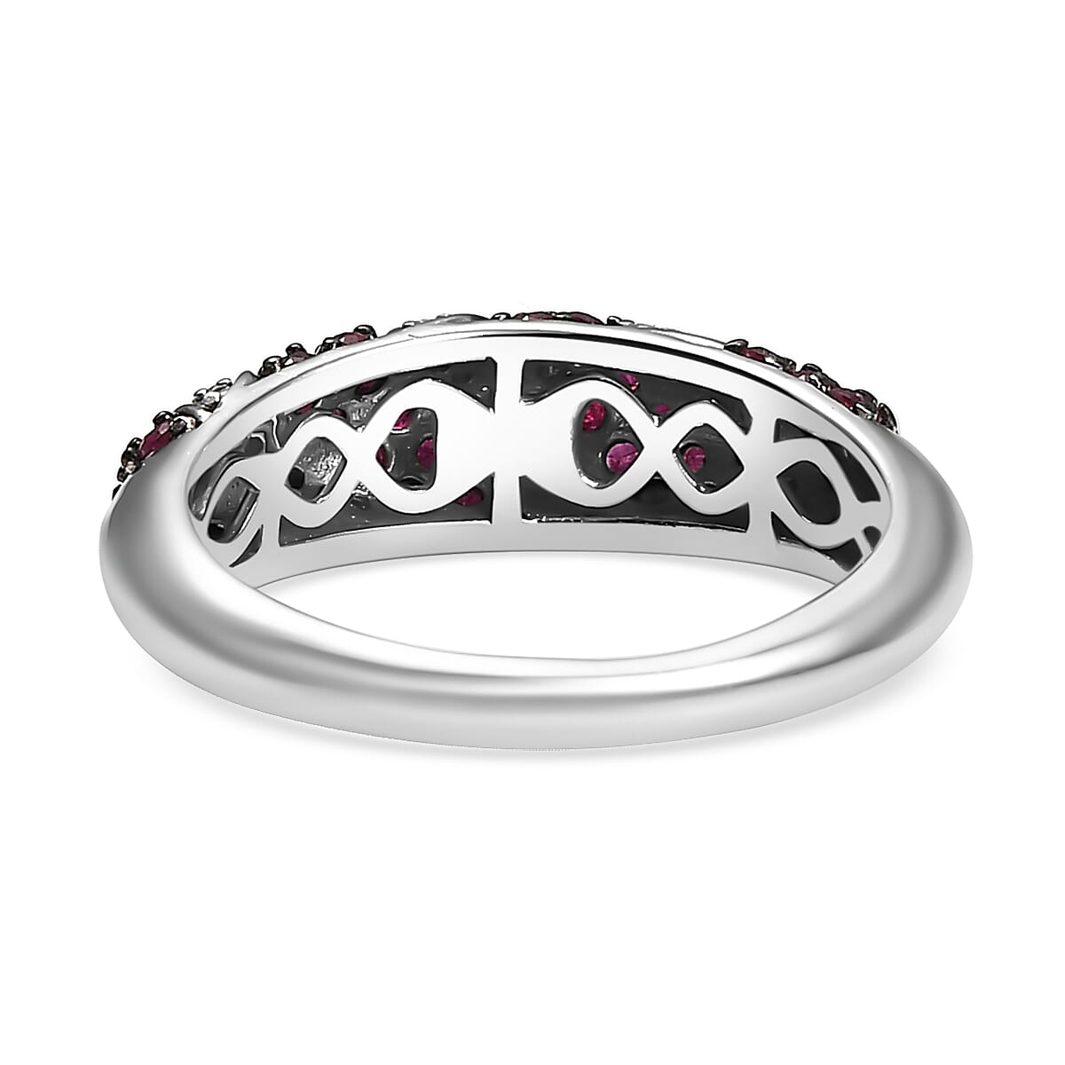 Royal Ruby and Moissanite 1.00 ctw Wave Ring in Rhodium Over Sterling Silver (Size 7.0) image number 4