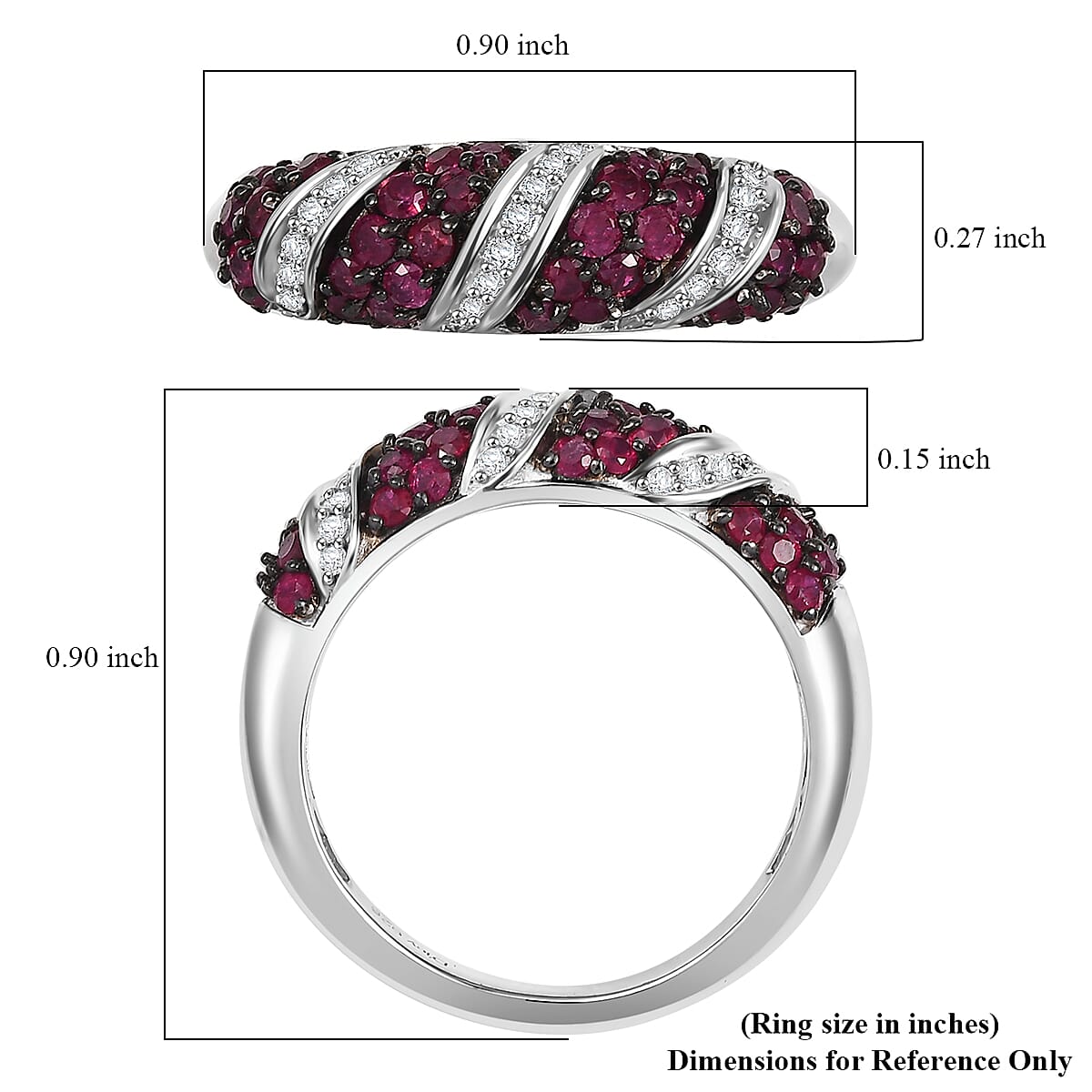 Royal Ruby and Moissanite 1.00 ctw Wave Ring in Rhodium Over Sterling Silver (Size 7.0) image number 5