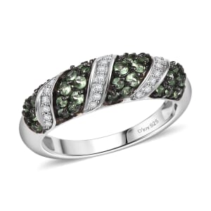Tsavorite Garnet and Moissanite 0.85 ctw Wave Ring in Rhodium Over Sterling Silver (Size 10.0) 