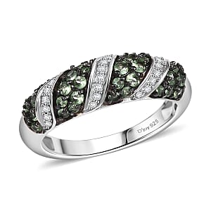 Tsavorite Garnet and Moissanite 0.85 ctw Wave Ring in Rhodium Over Sterling Silver (Size 5.0) 