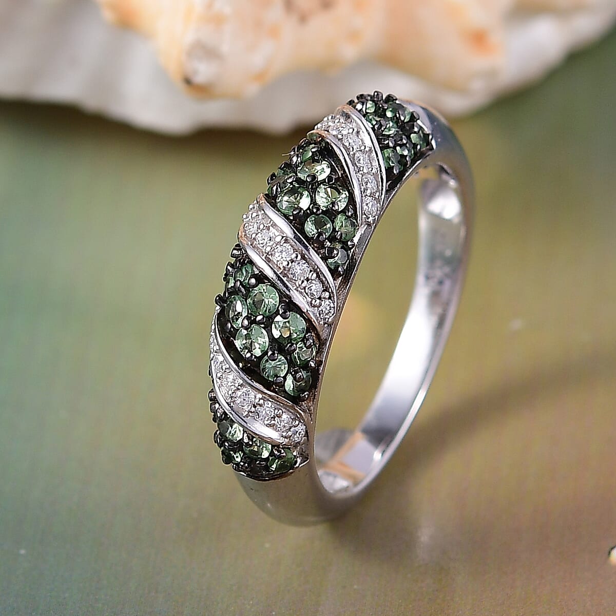 Tsavorite Garnet and Moissanite 0.85 ctw Wave Ring in Rhodium Over Sterling Silver (Size 8.0)  image number 1