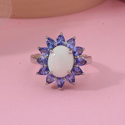 Premium Ethiopian Welo Opal and Tanzanite 3.20 ctw Floral Ring in Rhodium Over Sterling Silver (Size 10.0)
