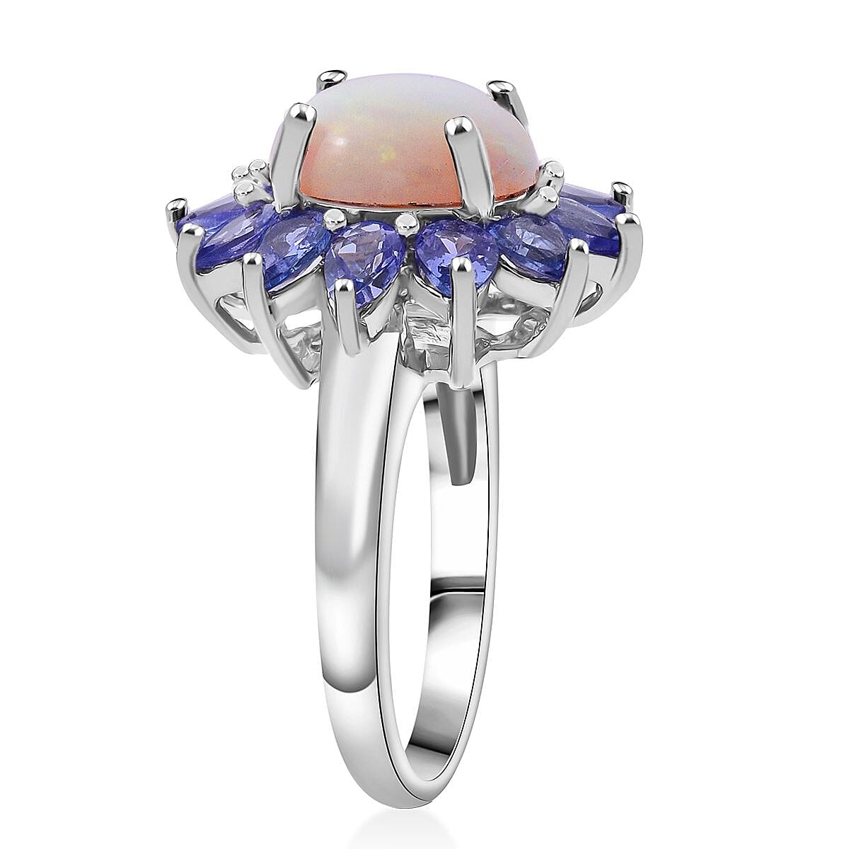 Premium Ethiopian Welo Opal and Tanzanite 3.20 ctw Floral Ring in Rhodium Over Sterling Silver (Size 10.0)
