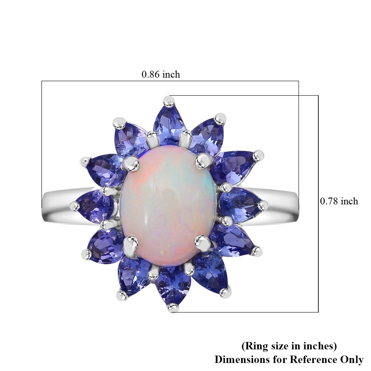 Premium Ethiopian Welo Opal and Tanzanite 3.20 ctw Floral Ring in Rhodium Over Sterling Silver (Size 10.0) image number 5