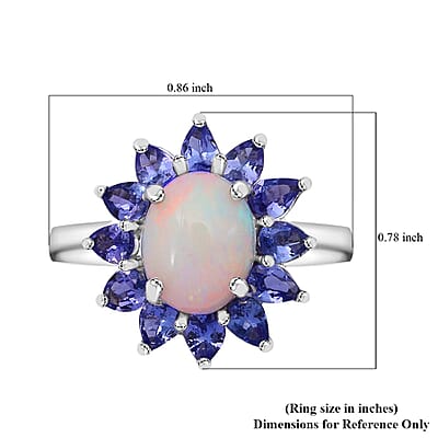 Premium Ethiopian Welo Opal and Tanzanite 3.20 ctw Floral Ring in Rhodium Over Sterling Silver (Size 10.0)