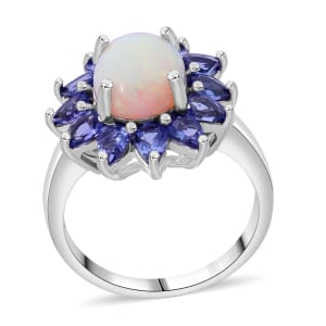 Premium Ethiopian Welo Opal and Tanzanite 3.20 ctw Floral Ring in Rhodium Over Sterling Silver (Size 7.0)