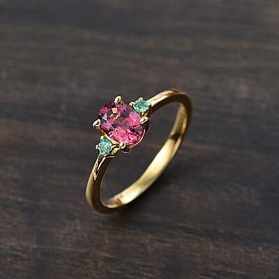 D'Joy Premium Ouro Fino Rubellite and AAA Paraiba Tourmaline 0.90 ctw Ring in 18K Vermeil Yellow Gold Over Sterling Silver (Size 10.0)