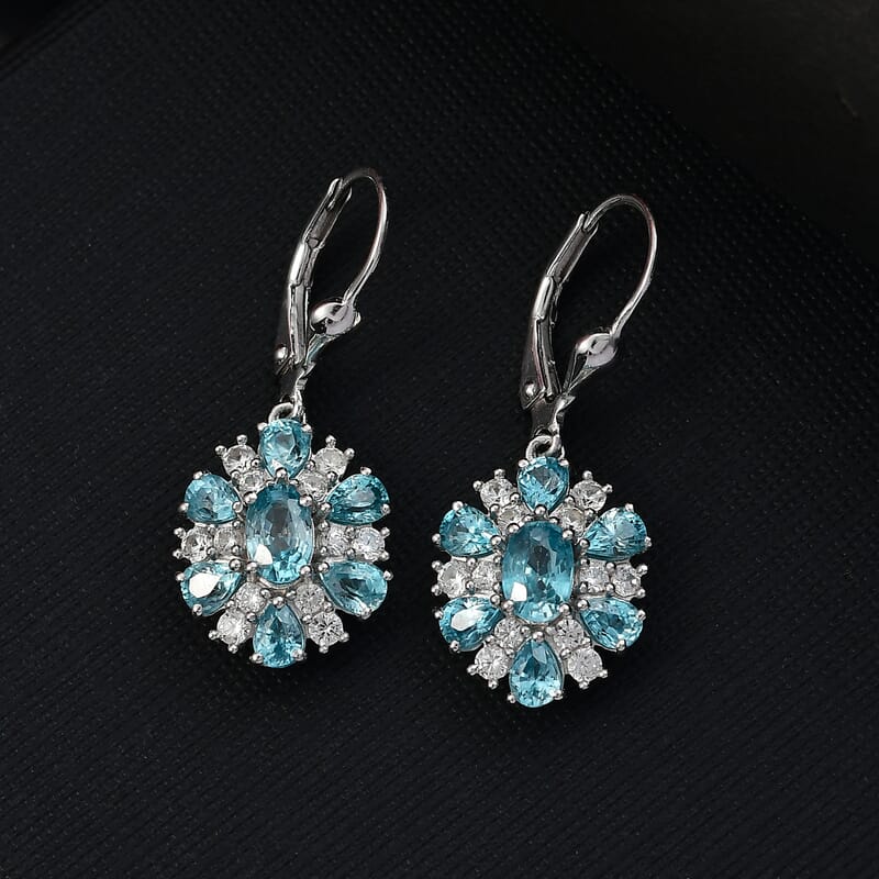 D'Joy Cambodian Blue Zircon and White Zircon 5.65 ctw Sunrays Earrings in Rhodium Over Sterling Silver