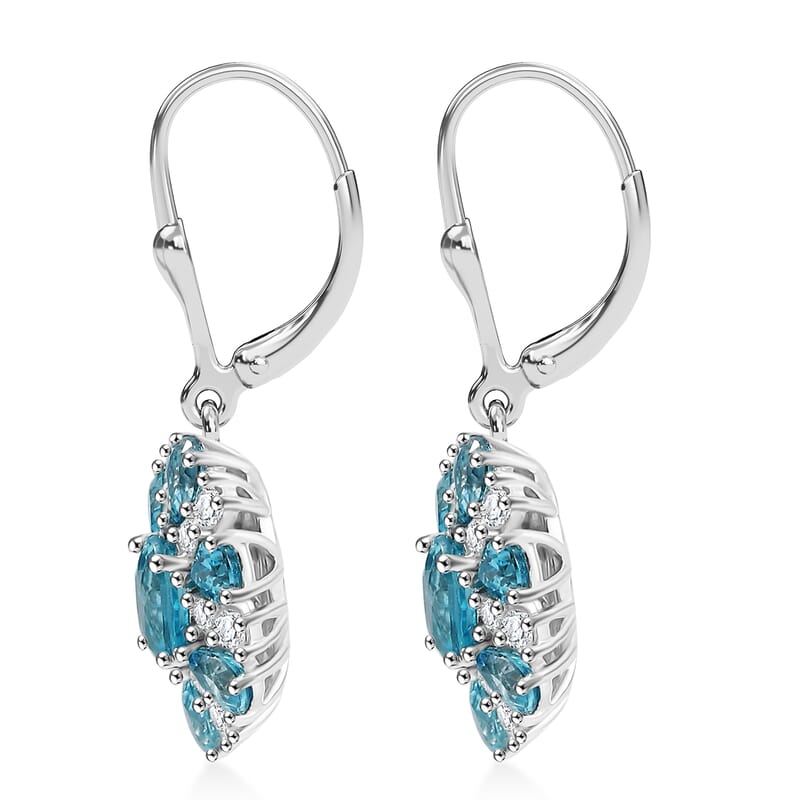 D'Joy Cambodian Blue Zircon and White Zircon 5.65 ctw Sunrays Earrings in Rhodium Over Sterling Silver