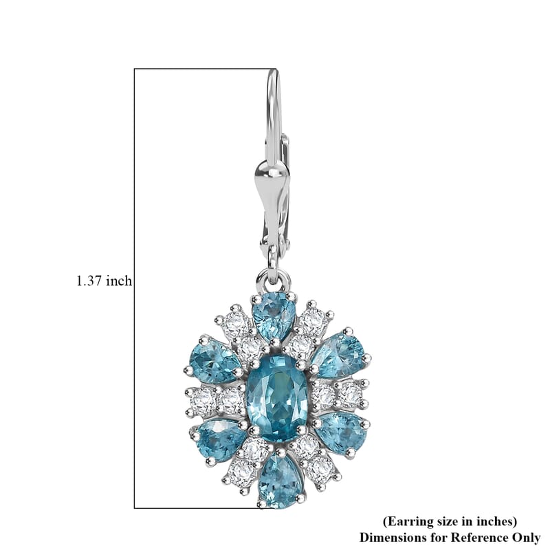 D'Joy Cambodian Blue Zircon and White Zircon 5.65 ctw Sunrays Earrings in Rhodium Over Sterling Silver