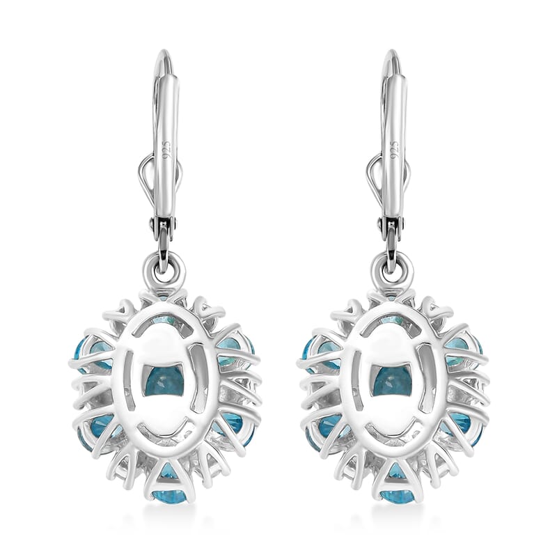 D'Joy Cambodian Blue Zircon and White Zircon 5.65 ctw Sunrays Earrings in Rhodium Over Sterling Silver