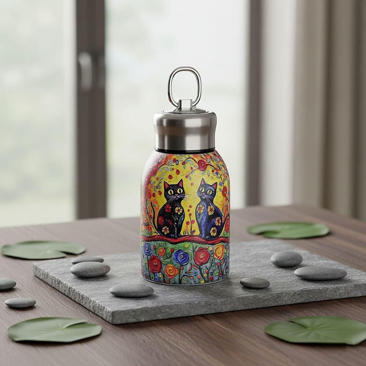 Livmore Cats and Flowers Pattern 260ml Double Wall Stainless Steel Water Bottle image number 1