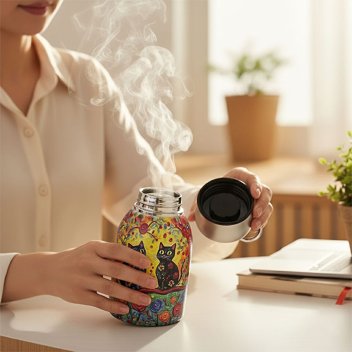 Livmore Cats and Flowers Pattern 260ml Double Wall Stainless Steel Water Bottle image number 2