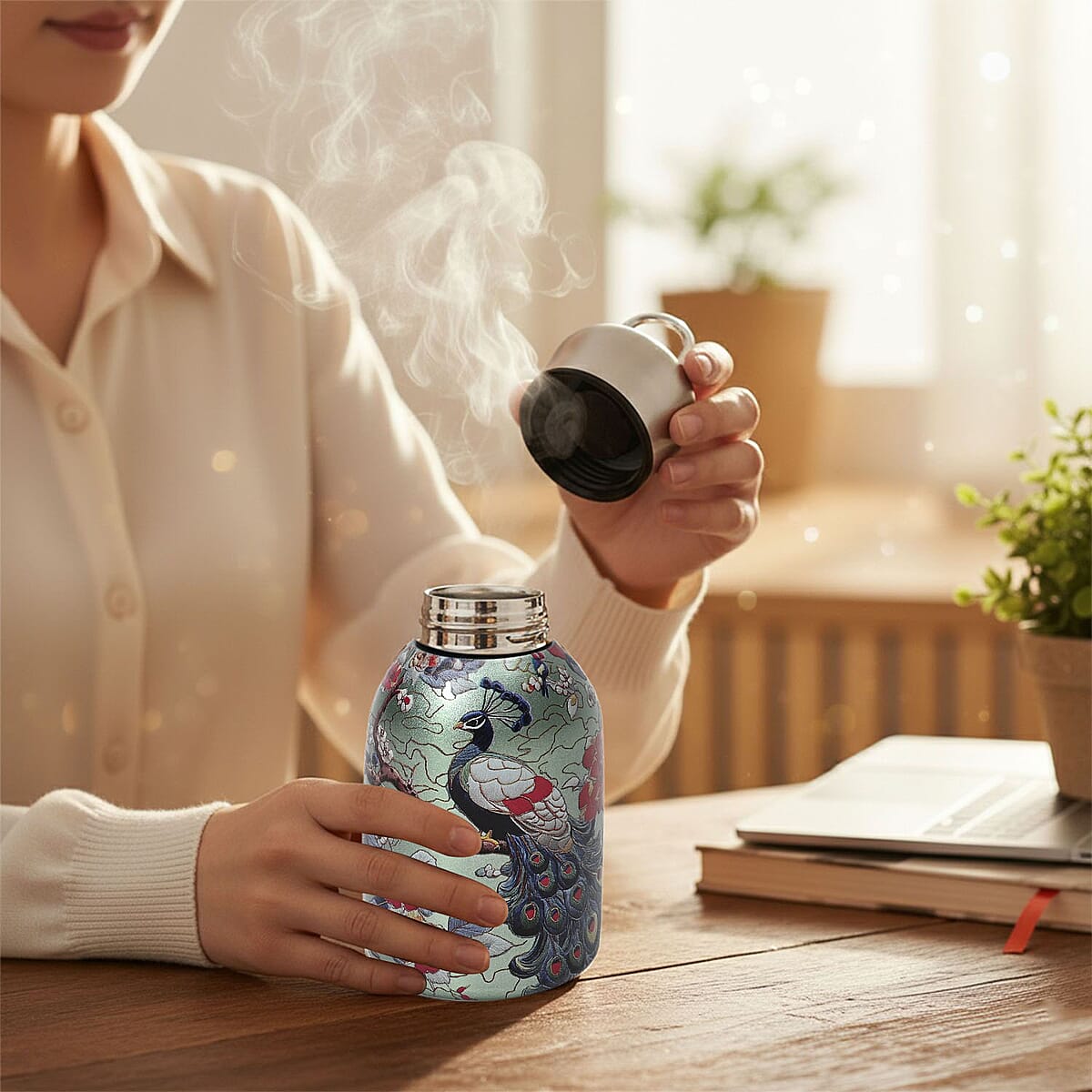 Peacock Pattern 260ml Double Wall Stainless Steel Water Bottle image number 2