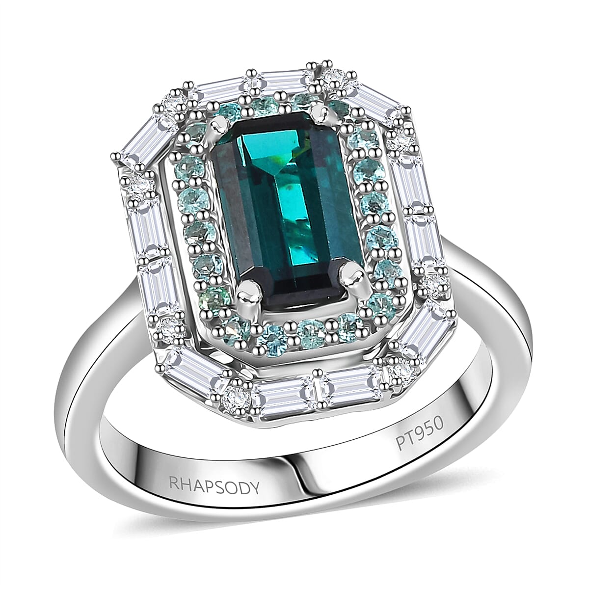 Certified & Appraised Rhapsody AAAA Monte Belo Indicolite, Paraiba Tourmaline and E-F VS2 Diamond 2.85 ctw Ring in 950 Platinum (Size 8.0) 9.10 Grams image number 0