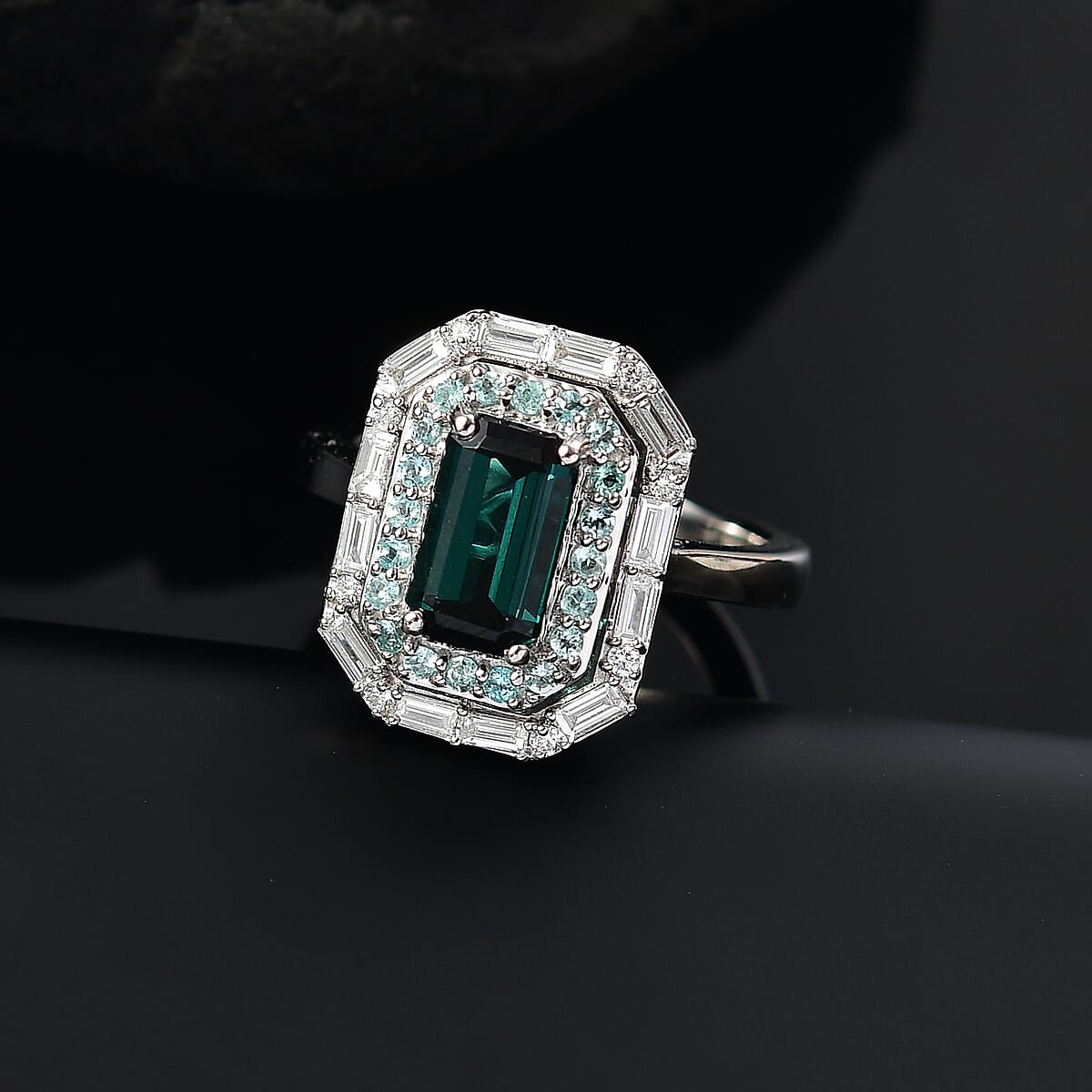 Certified & Appraised Rhapsody AAAA Monte Belo Indicolite, Paraiba Tourmaline and E-F VS2 Diamond 2.85 ctw Ring in 950 Platinum (Size 8.0) 9.10 Grams image number 1