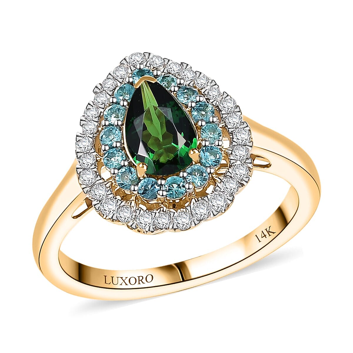 Certified & Appraised Luxoro AAA Tsavorite Garnet, AAAA Paraiba Tourmaline and Diamond E-F I2 1.75 ctw Ring in 14K Yellow Gold (Size 10.0) image number 0