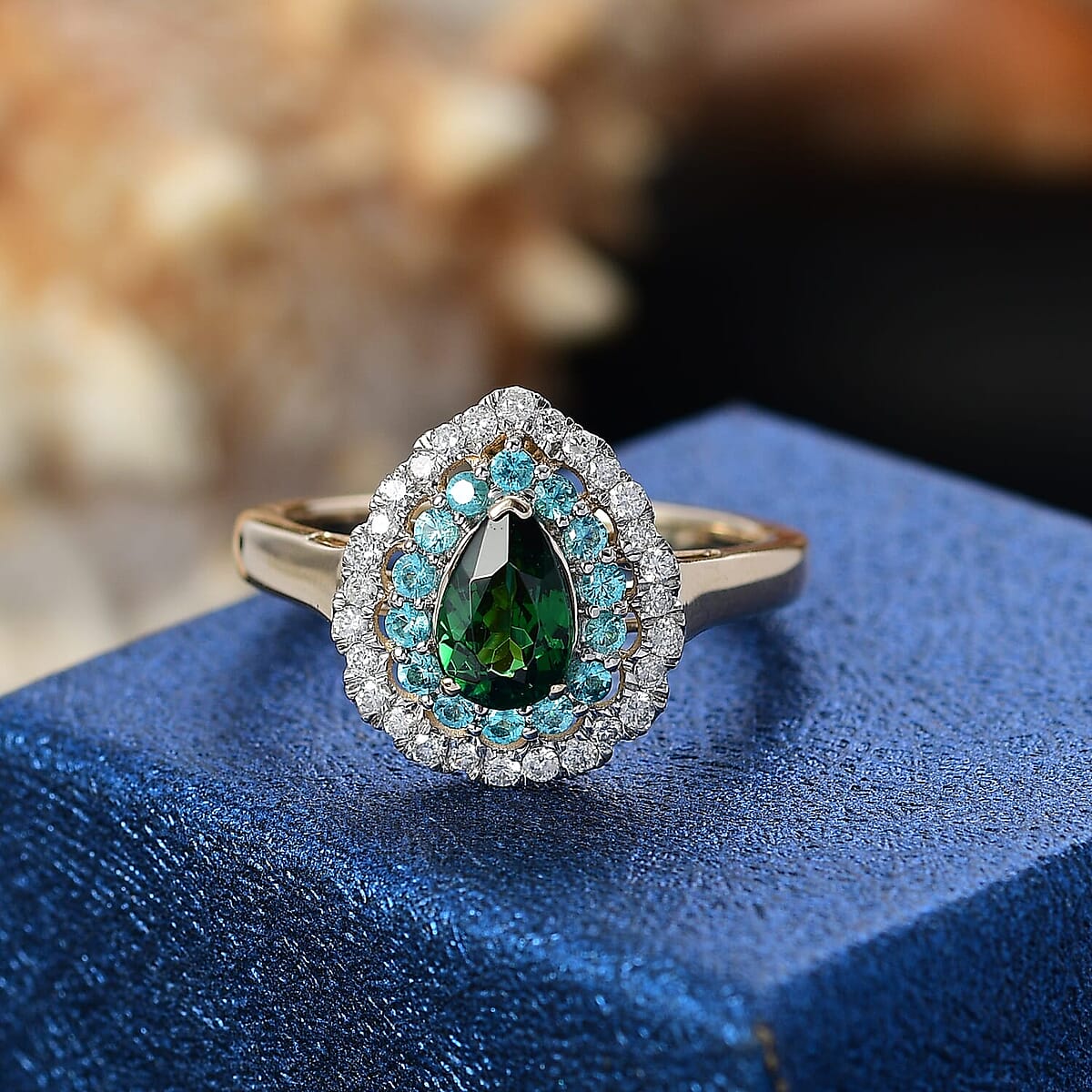 Certified & Appraised Luxoro AAA Tsavorite Garnet, AAAA Paraiba Tourmaline and Diamond E-F I2 1.75 ctw Ring in 14K Yellow Gold (Size 6.0) image number 1