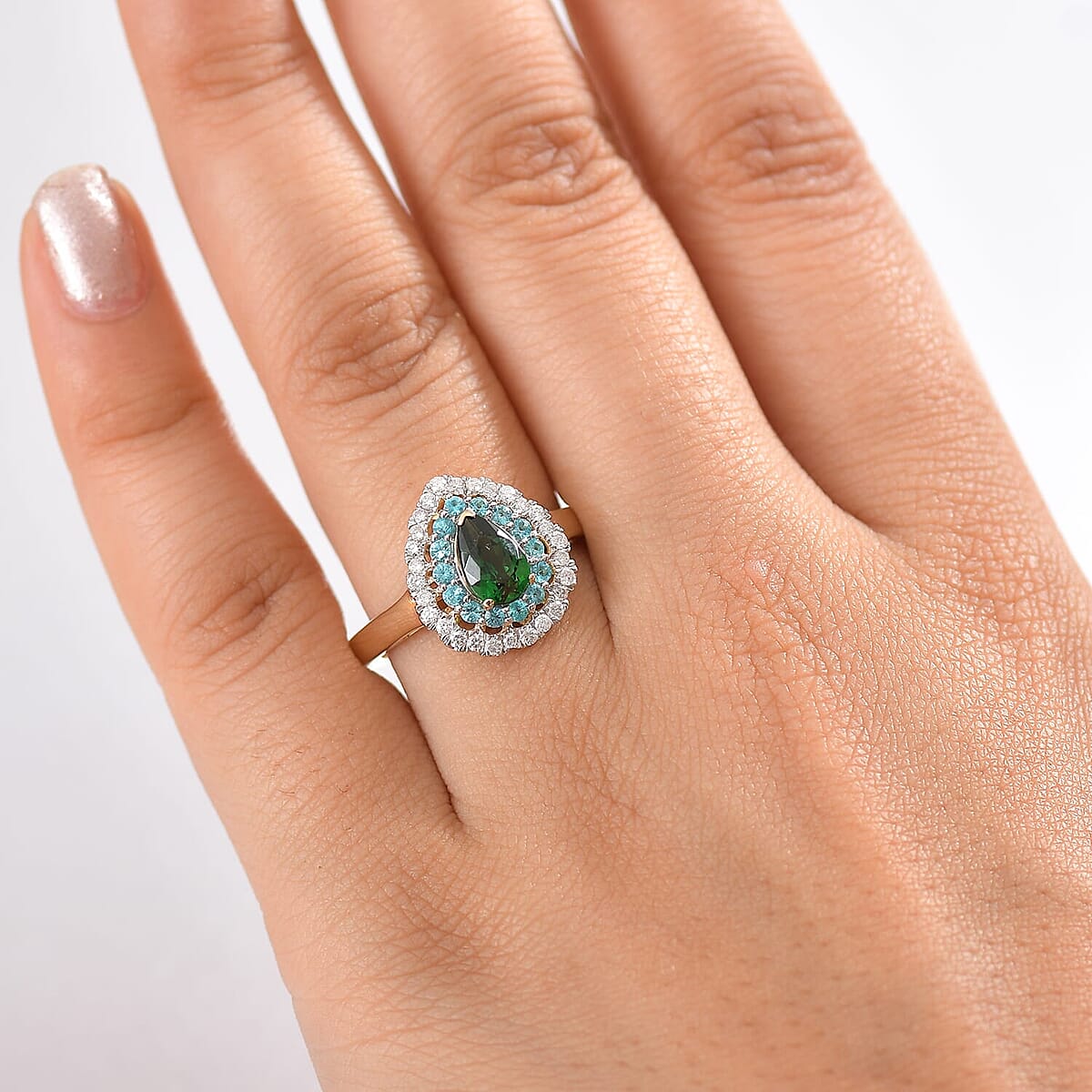 Certified & Appraised Luxoro AAA Tsavorite Garnet, AAAA Paraiba Tourmaline and Diamond E-F I2 1.75 ctw Ring in 14K Yellow Gold (Size 6.0) image number 2
