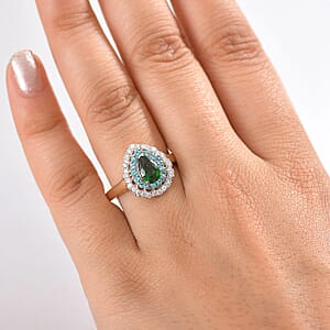 Certified & Appraised Luxoro AAA Tsavorite Garnet, AAAA Paraiba Tourmaline and Diamond E-F I2 1.75 ctw Ring in 14K Yellow Gold (Size 6.5)