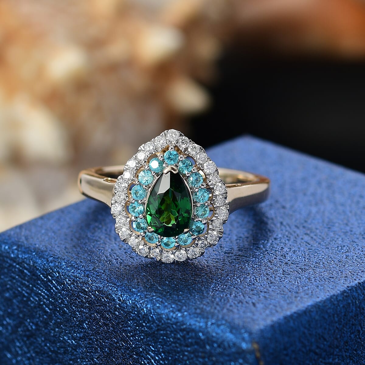Certified & Appraised Luxoro AAA Tsavorite Garnet, AAAA Paraiba Tourmaline and Diamond E-F I2 1.75 ctw Ring in 14K Yellow Gold (Size 7.0) image number 1