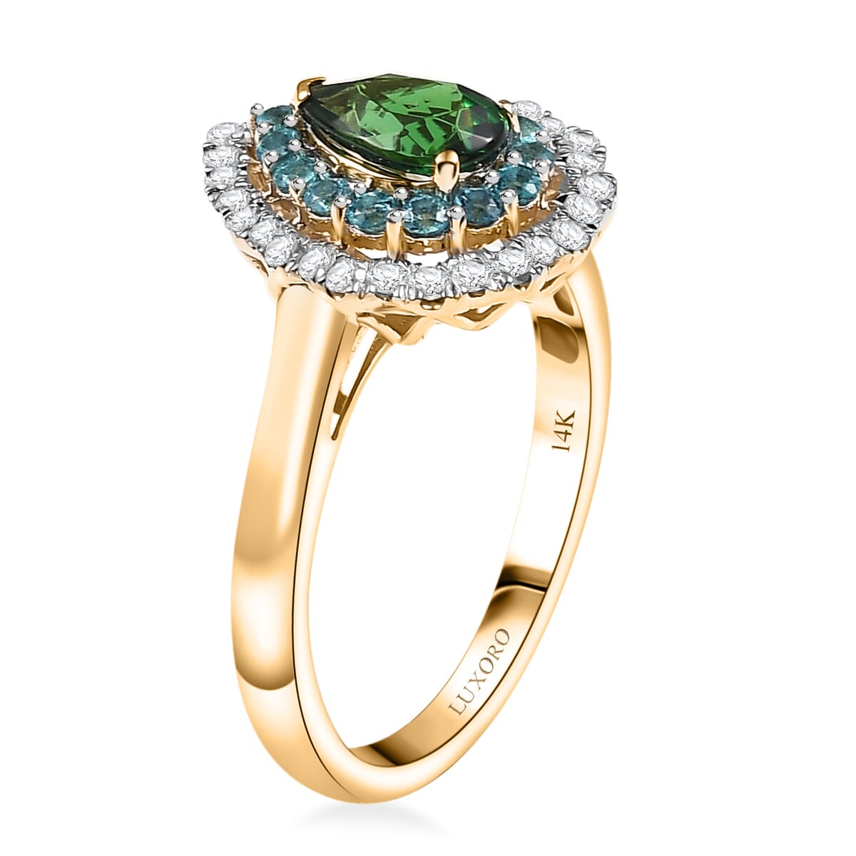 Certified & Appraised Luxoro AAA Tsavorite Garnet, AAAA Paraiba Tourmaline and Diamond E-F I2 1.75 ctw Ring in 14K Yellow Gold (Size 7.0) image number 3