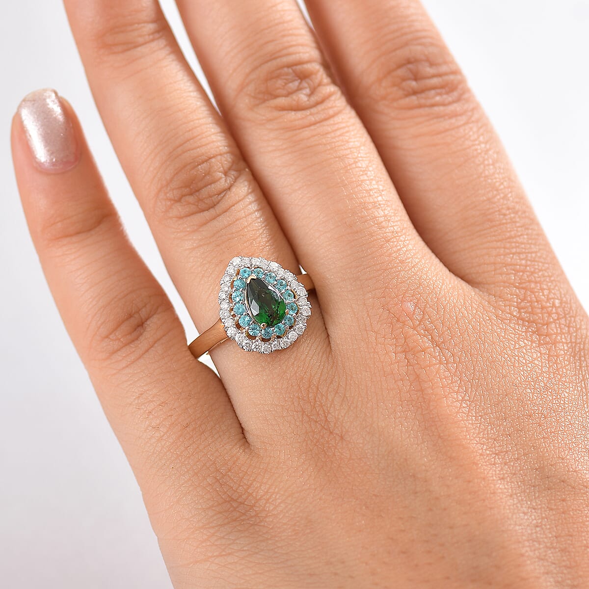 Certified & Appraised Luxoro AAA Tsavorite Garnet, AAAA Paraiba Tourmaline and Diamond E-F I2 1.75 ctw Ring in 14K Yellow Gold (Size 8.0) image number 2