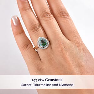Certified & Appraised Luxoro AAA Tsavorite Garnet, AAAA Paraiba Tourmaline and Diamond E-F I2 1.75 ctw Ring in 14K Yellow Gold (Size 9.5)