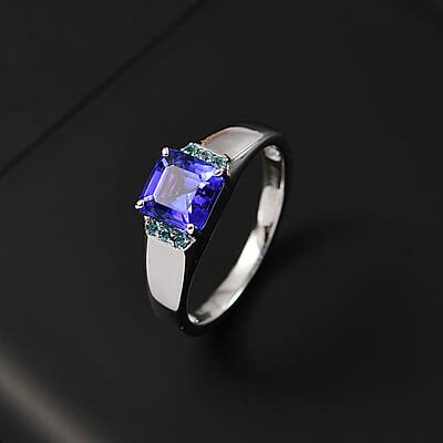 Certified & Appraised Rhapsody AAAA Asscher Cut Tanzanite and Paraiba Tourmaline 2.50 ctw Mens Ring in 950 Platinum (Size 10.0) 8.50 Grams (Del. in 10-12 Days) 