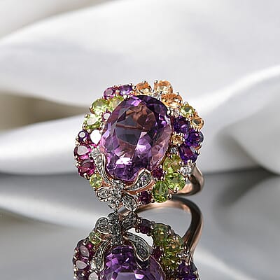GP Italian Garden Collection Rose De France Amethyst, Multi Gemstones 12.90 ctw Ring in 18K Vermeil Rose Gold Over Sterling Silver (Size 10.0)