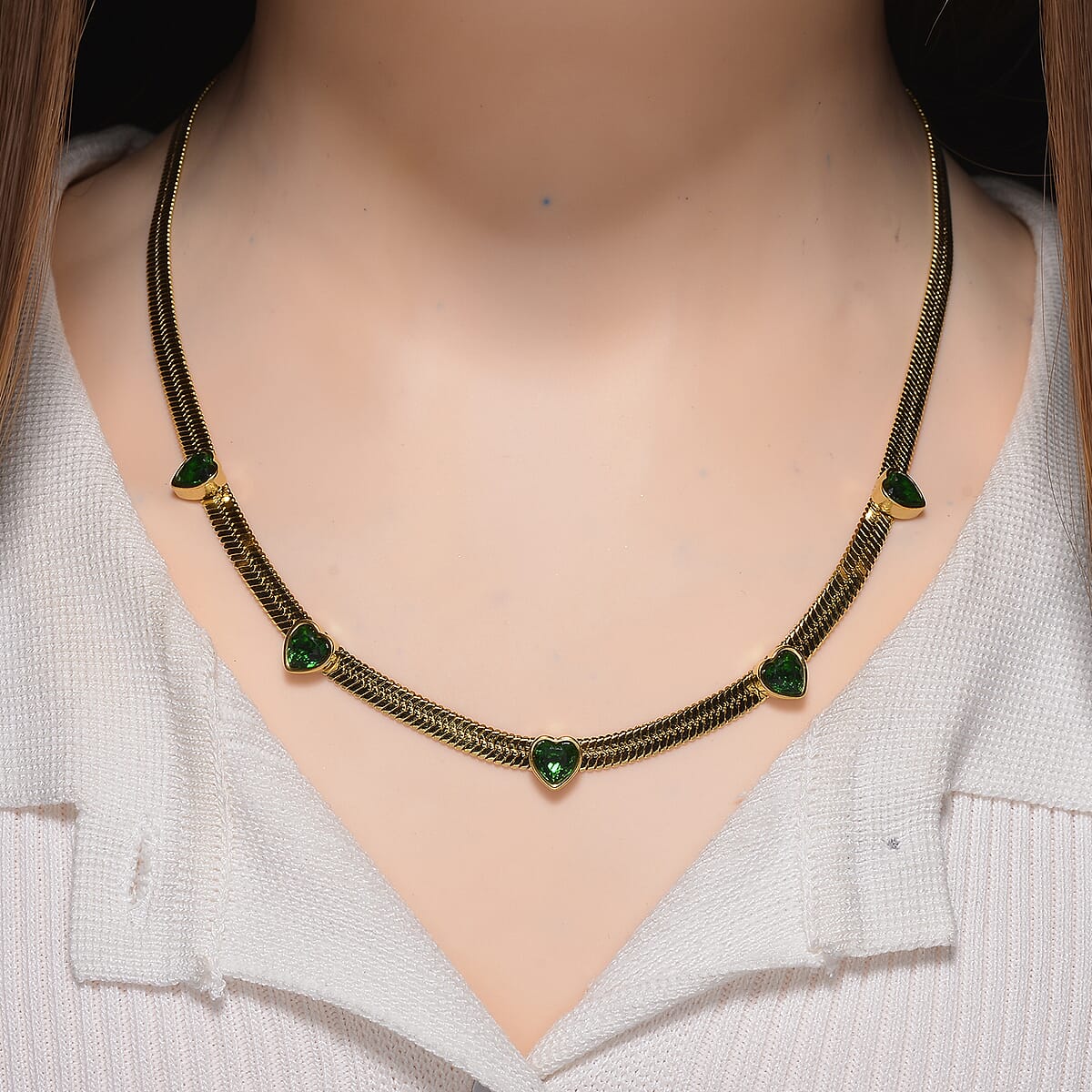 EverTrue “Quintessence of Love” Green Austrian Crystal Station Choker in ION Plated Yellow Gold Stainless Steel 20-22 Inches image number 1