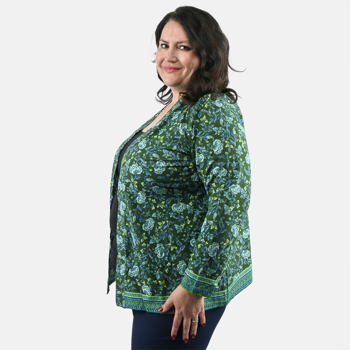 Isaac Mizrahi Green Multi Printed Knit Cardigan - 1X image number 2
